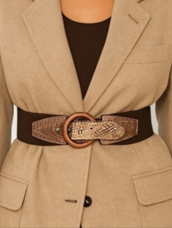 Olsen Europe Accessories - Olsen Europe Wide Stretch Belt Snakeskin Embossed Leather Wood Ring US 10